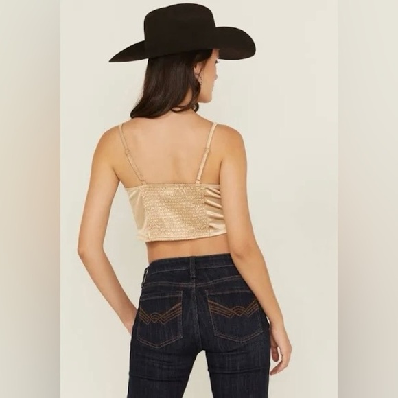 Free People Top Womens Medium Latte Casino Royal Brami Crop Smocked Back Y2K NEW - Picture 3 of 11